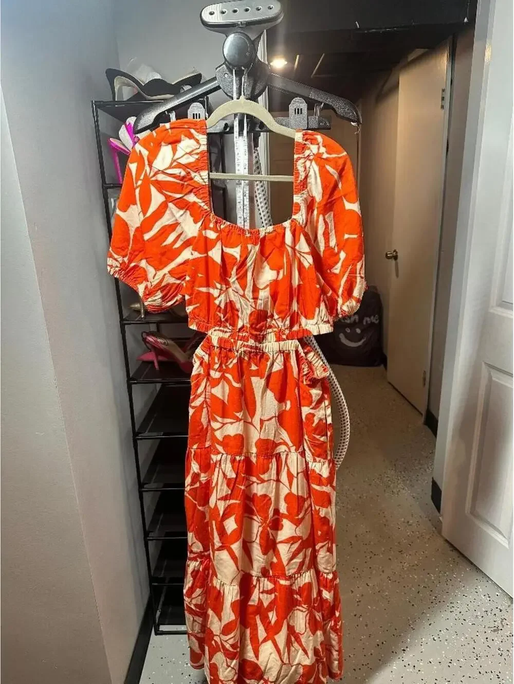 The Drop Orange White Floral Maxi Dress XL Puff Sleeve Smocked Waist Summer Reso - Picture 6 of 6